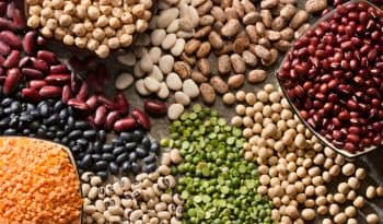 Mélange de légumineuses colorées : haricots rouges, noirs et lentilles